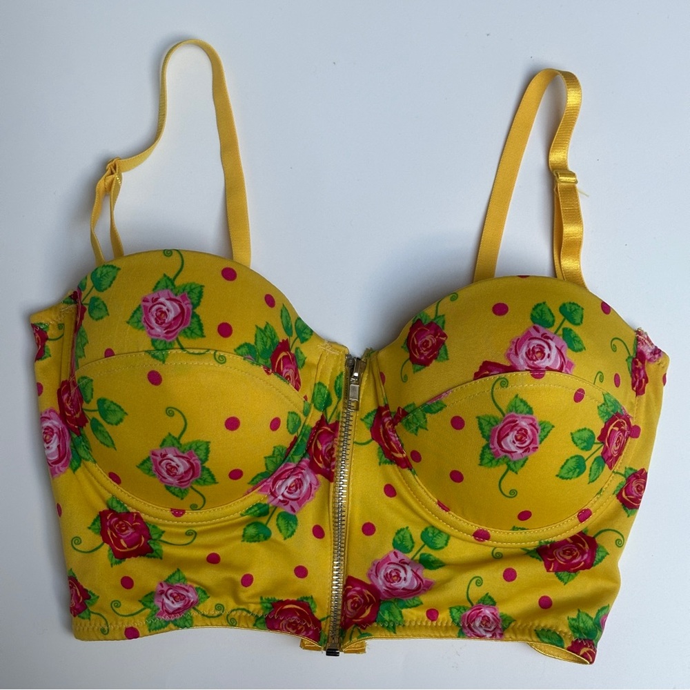 Never Naked Yellow Rose Print Zip Front Bustier Top Size 34D